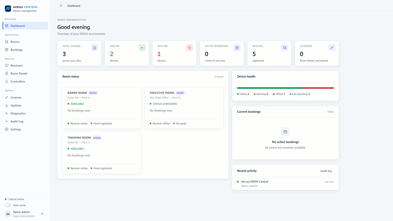 The AERAS Central dashboard with demo rooms